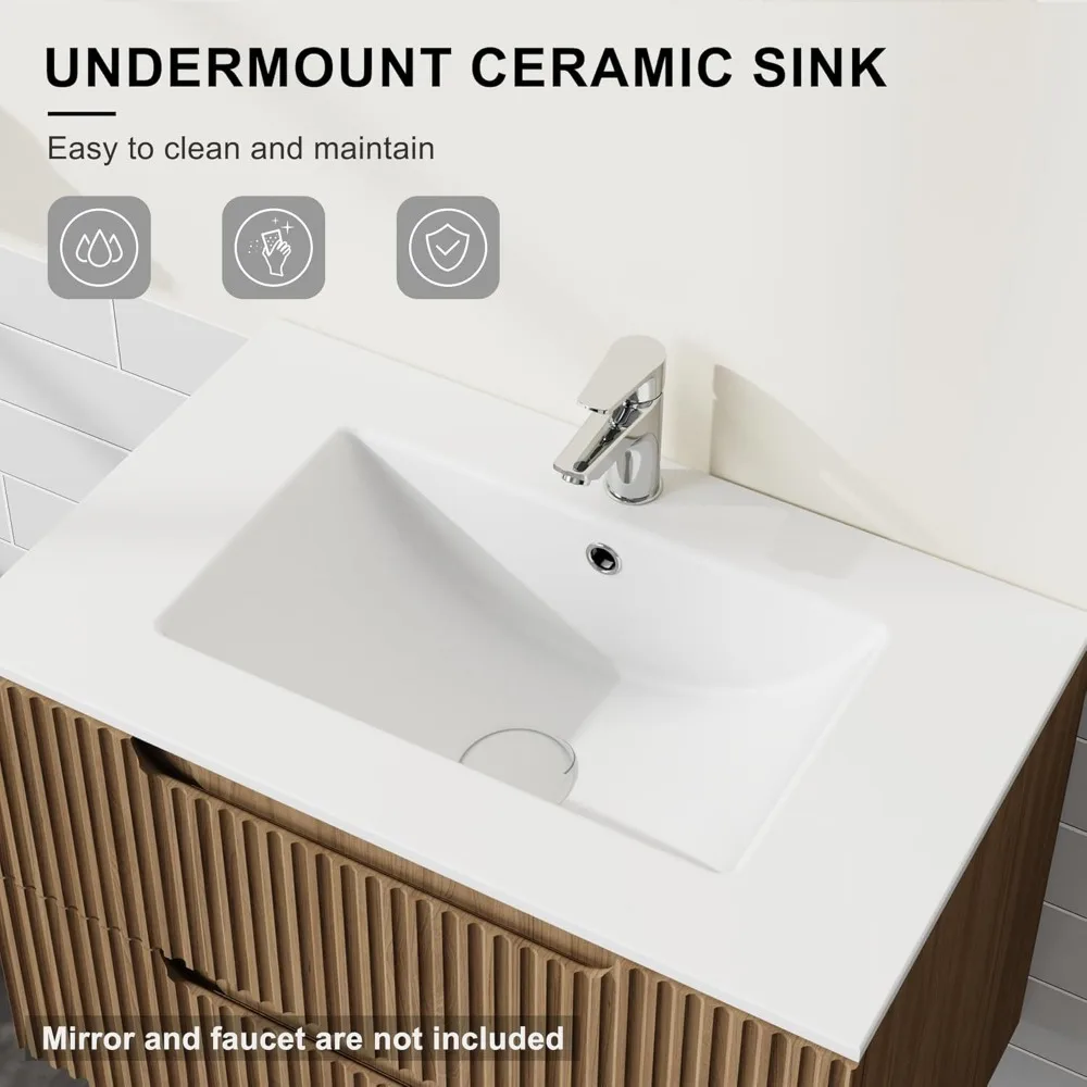 30” Wall Mounted Bathroom Vanity with Sink Floating Bathroom Cabinet Sink Combo, Soft-Close System, 2 Extra Big Drawers, Walnut 6