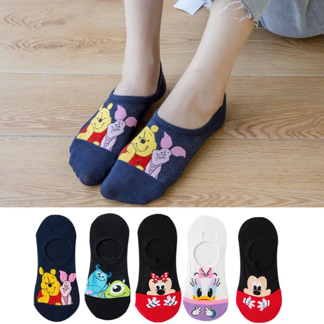5 pairs Hot sale Cartoon Kawaii woman sock Mickey Minnie Donald winnie Daisy cotton girl slipper sock Funny invisible ankle sock Auburn