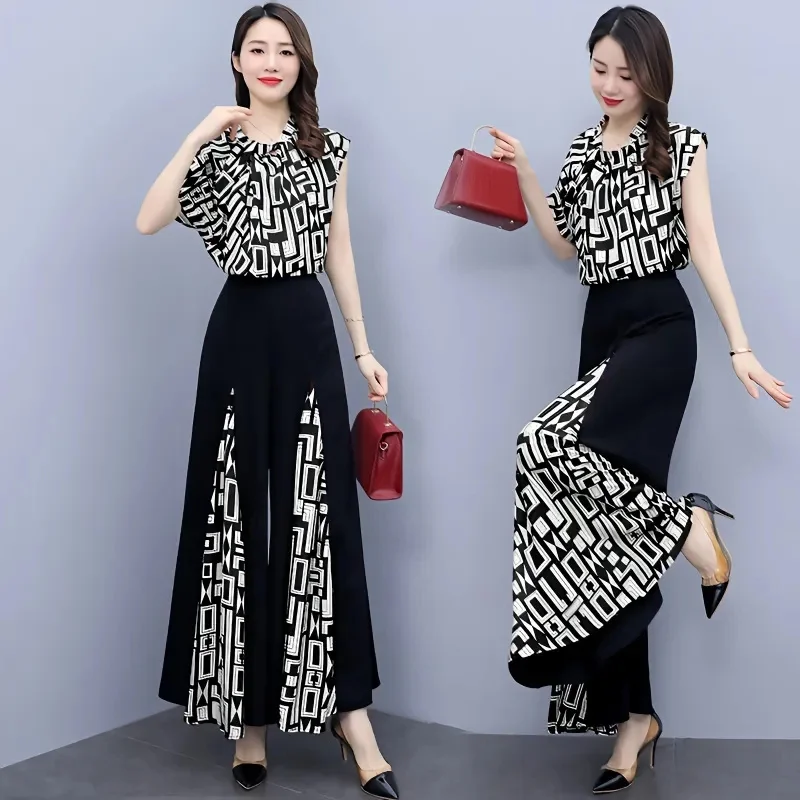 

This Year's New Summer Suit Is Popular 2023 Summer Women's Fashion and Temperament Are Chiffon Wide Leg Pants Two Sets Pants