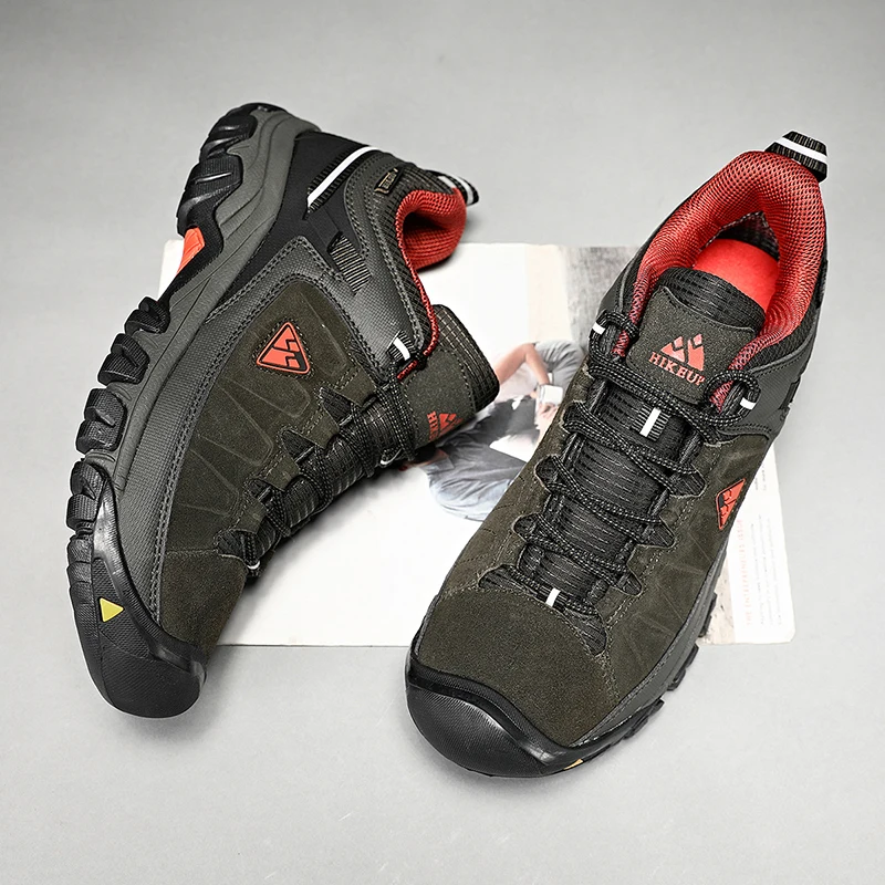 HIKEUP New Men Hiking Shoes High Quality Durable Leather Climbing Shoes Outdoor Walking Sneakers Rubber Sole Factory Outlet