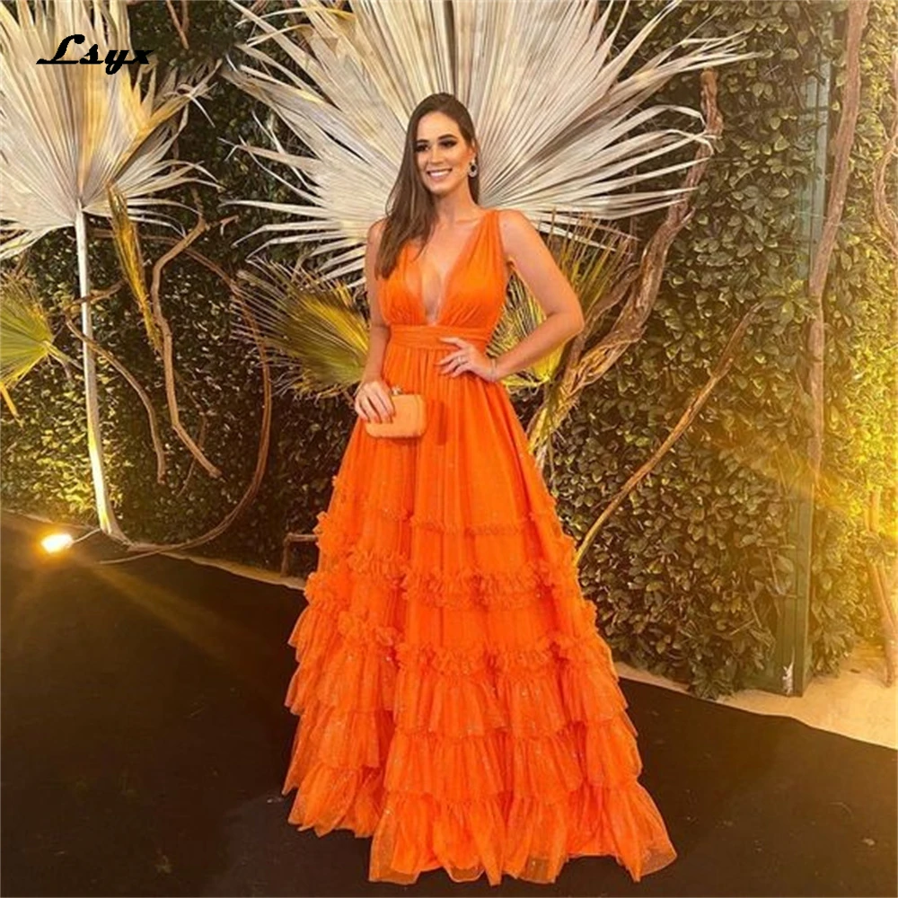 

LSYX Orange فساتين مناسبة رسمية Sexy Sleeveless A-line Vestidos De Noche Multilayer Tulle Floor Lenght Prom Dress 2023