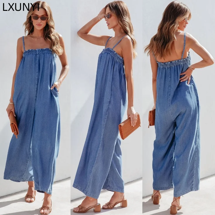 LXUNYI Summer Loose Fashion Women Jumpsuit Suspenders Denim Rompers Sleeveless Wide Leg Casual Overall