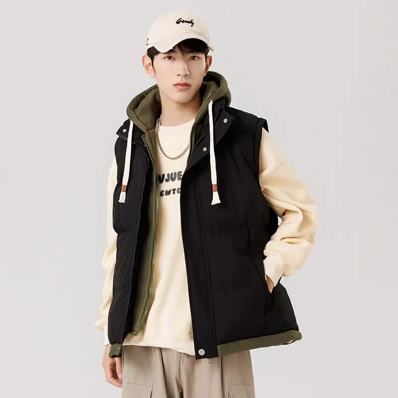 Teenage Boys Graphite DownCotton-Padded Jacket Vest Loose Fit Hooded Illusion Two-Piece Motorcycle Rider Outerwear for Autumn Wi