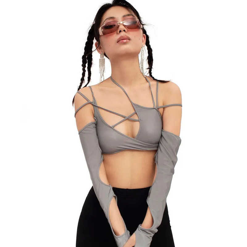 Europe and the United States y2k summer new women's solid color halter halter halter crop back sleeved blouse