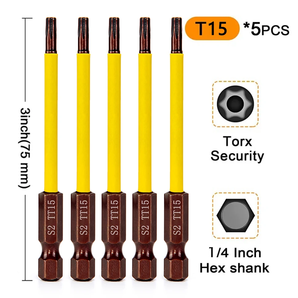 Hochwertiges magnetisches Torx-Bohrer-Set, 5-teilig, T15, T20, T25, Schraubendreher-Bits mit 1/4 Zoll Sechskantschaft, 75 mm Länge für sichere Befestigung – Detail 9