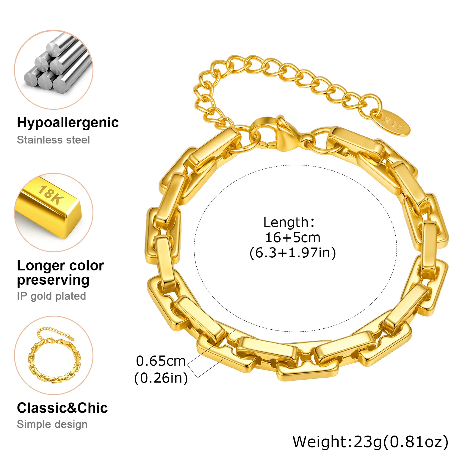 Minimalistisches klobiges Kettenarmband aus Edelstahl, goldfarbenes stapelbares dickes Kettenarmband, wasserdichter Partyschmuck für Frauen – Detail 8