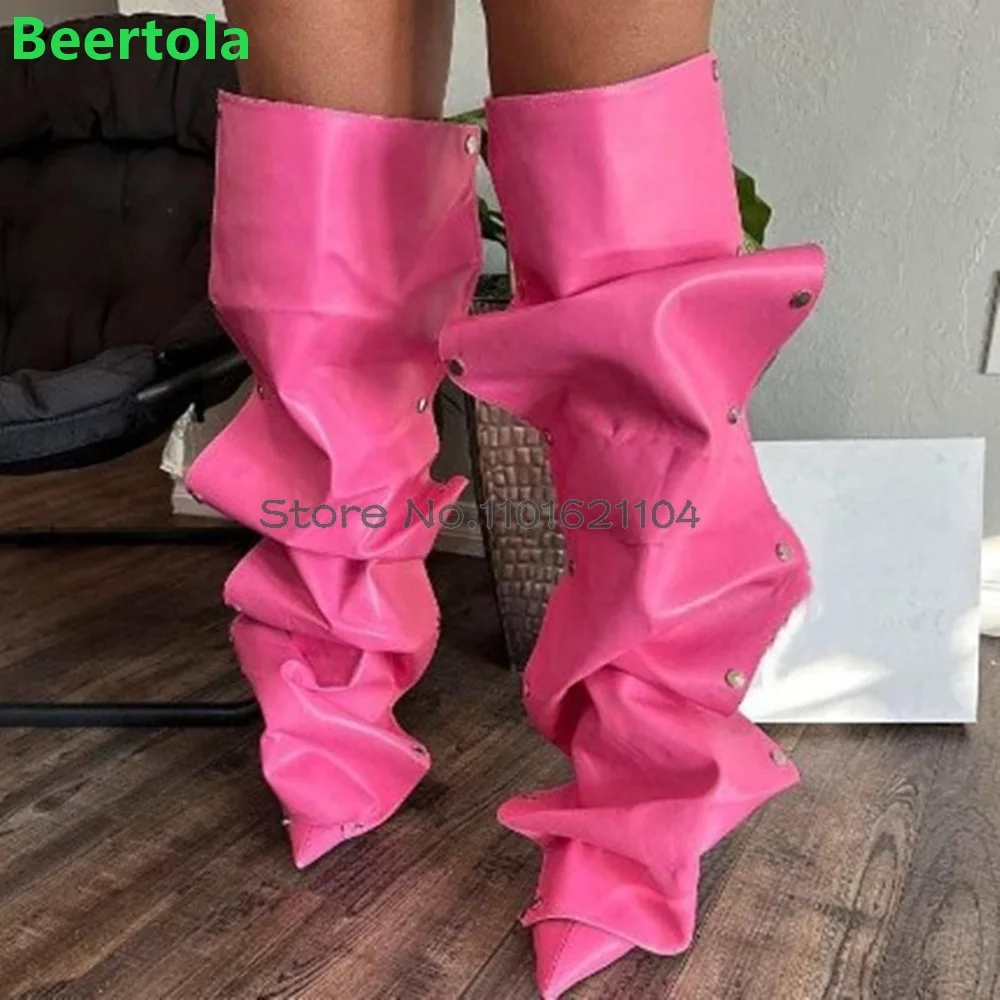 

Pointed Toe Wrinkled Thin High Heel Boots For Female Women Knee-High Solid Metal Buckle Design Runway Sexy Denim Fabric Shoes