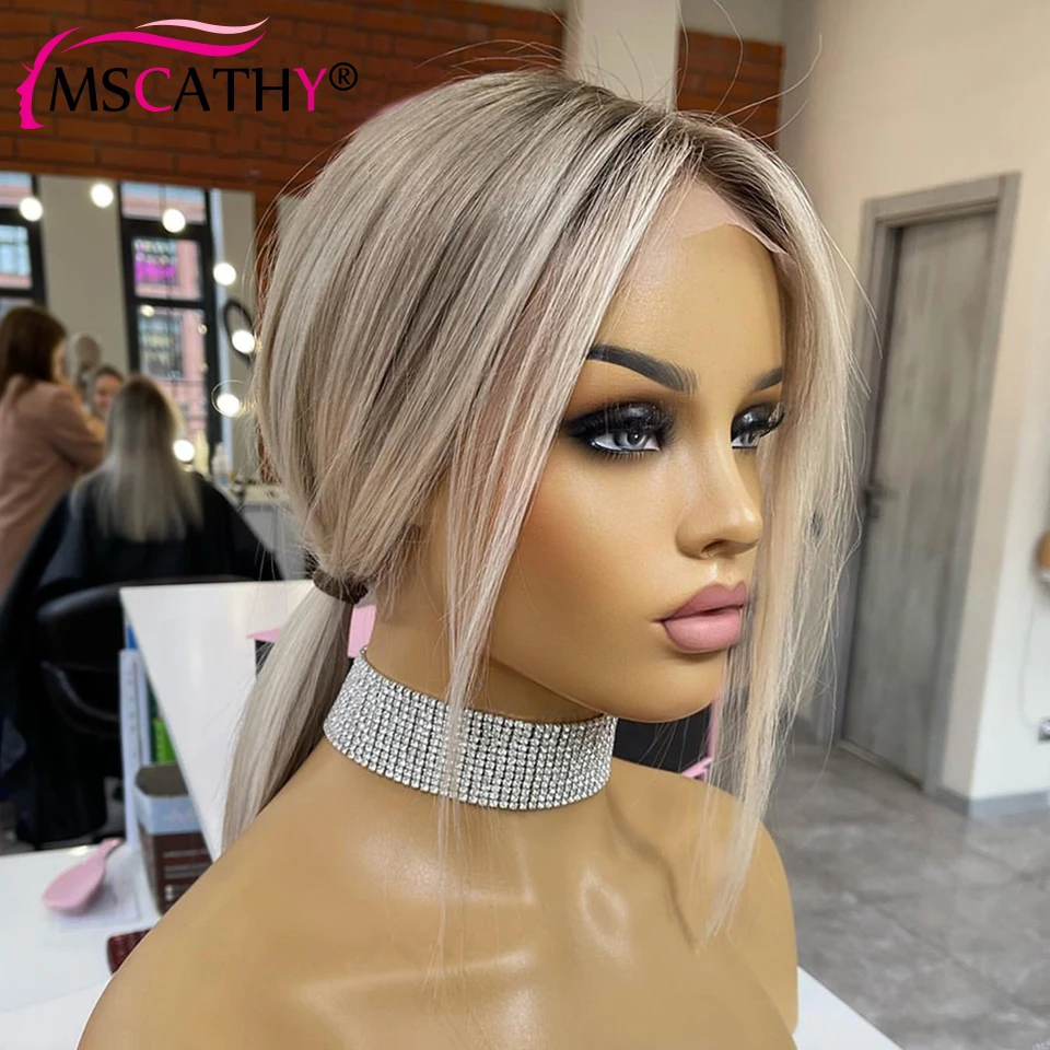 13x4 Ash Blonde Highlight Lace Front Wig Short Straight Bob Brown Human Hair Wigs HD Transparent Lace Frontal Wigs Preplucked