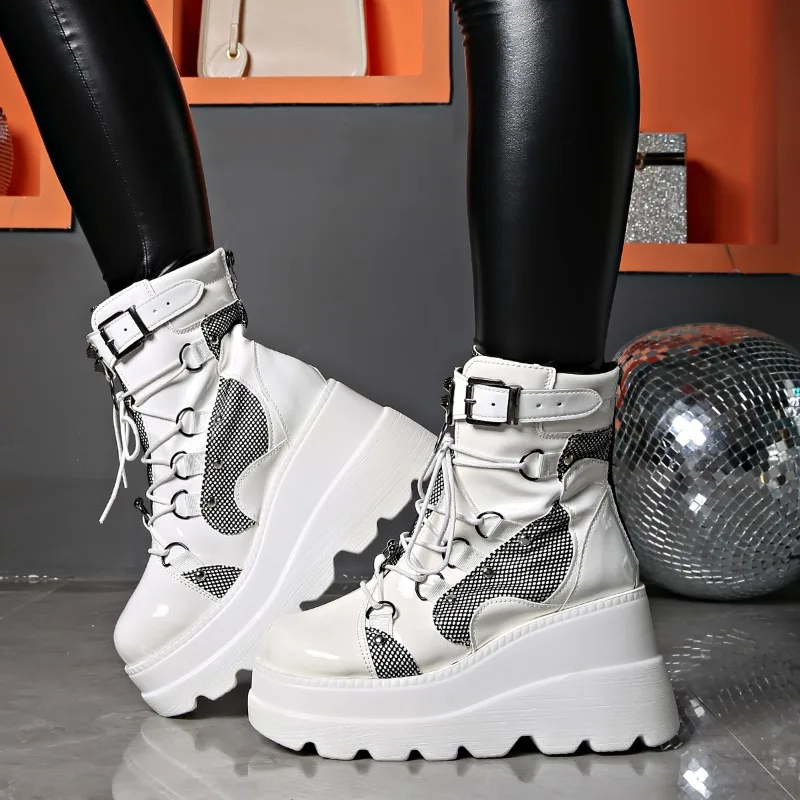 2023 New Winter Women's Platform Boots Wedged Knee Length Black Lace Up Fashion Gothic Boots Punk Shoes Girls' Fashion Boots