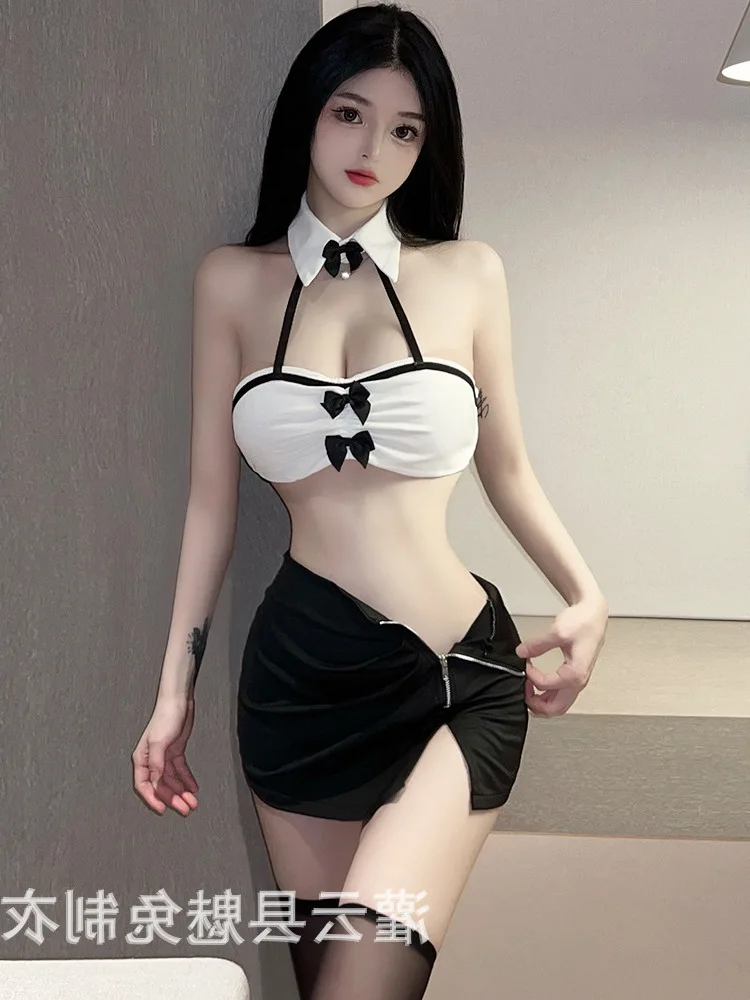 

Lingerie New Fashion Sexy White Mature Charm Elegant Hollow Out Collar Gentle Secretary OL Uniform Temptation Skirt Set OZEK