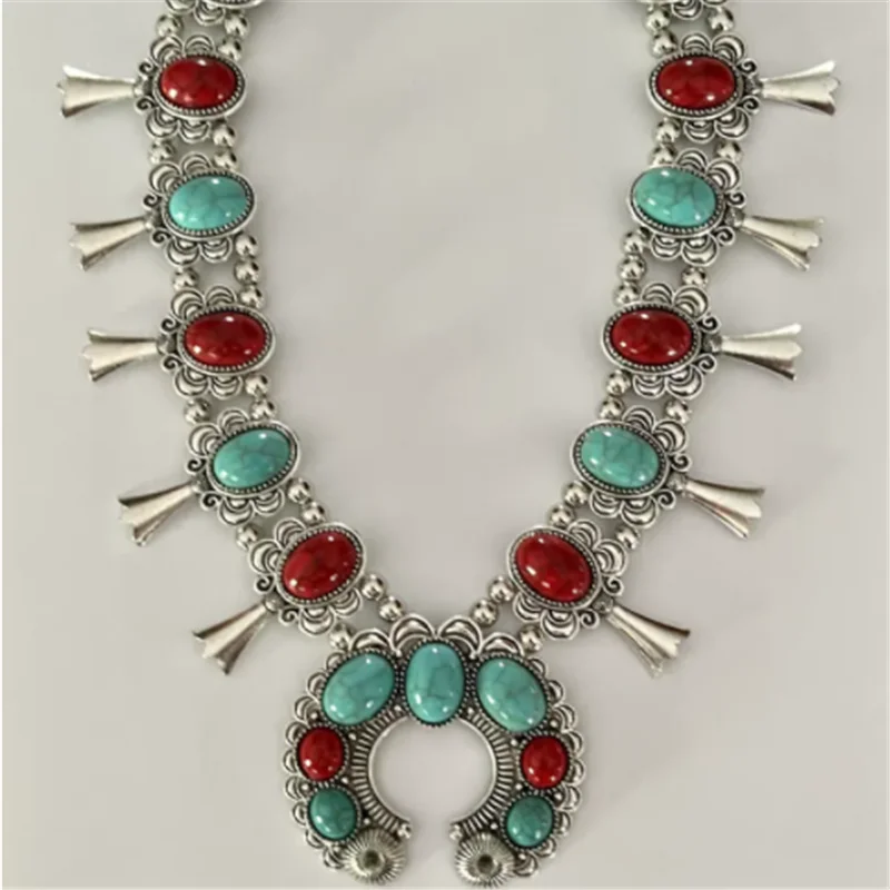 

Red and Turquoise Stone Squash Blossom Flower Bib Necklace Turquoise and Silvertone Beaded Squash Blossom Choker Boho CRYSTAL