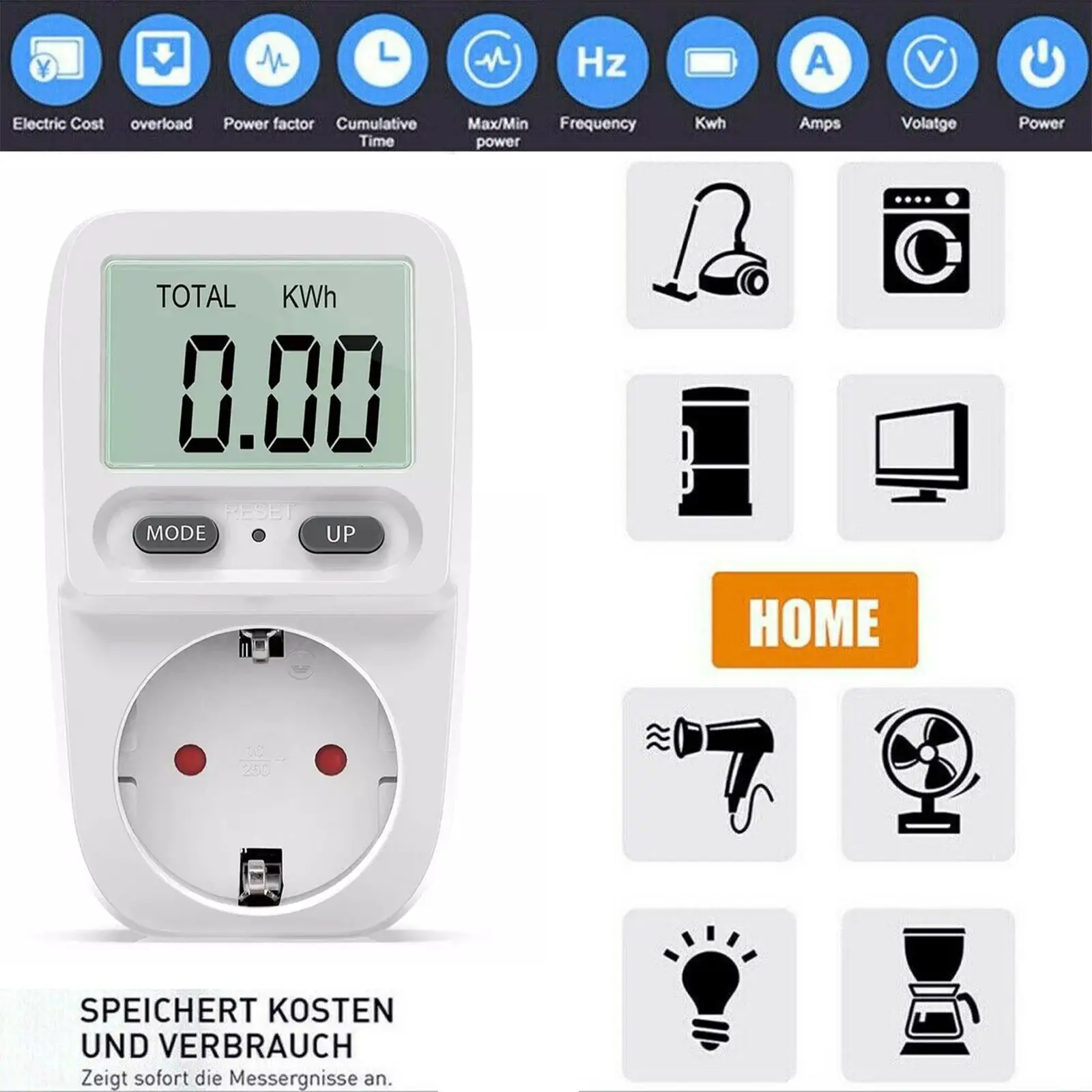 

Wattmeter, 220V AV Plug, EU, Digital LCD, Power Meter, AU, KWh, FR, BR, Current Energy, US, Measurement, Analyzer UK, W3K7
