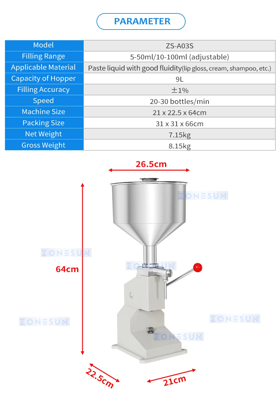 ZONESUN ZS-A03S Manual Paste Filling Machine