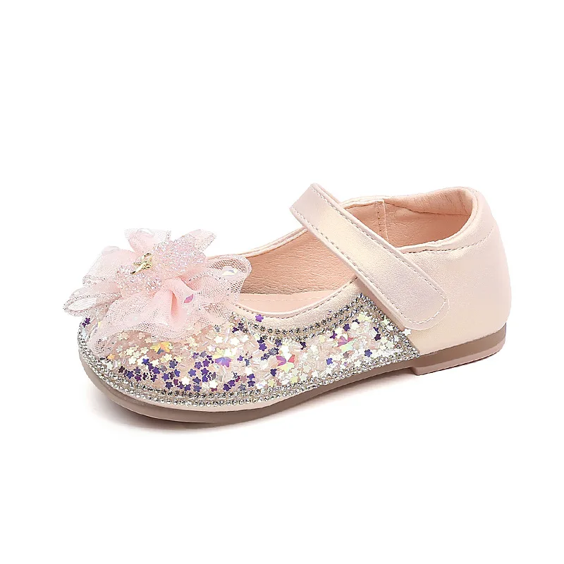 Girls Leather Shoes with Star Sequins Kids Dress Shoes Princess Style Fashion Elegant New Children Flat with Mesh Bow