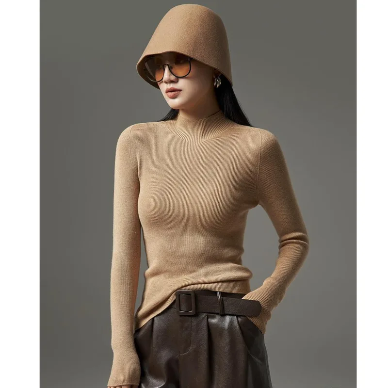 

2023 Autumn Winter Silk Wool Cashmere Sweater Half High Neck Knitted Slim Long Sleeve Basic Bottoming Tops