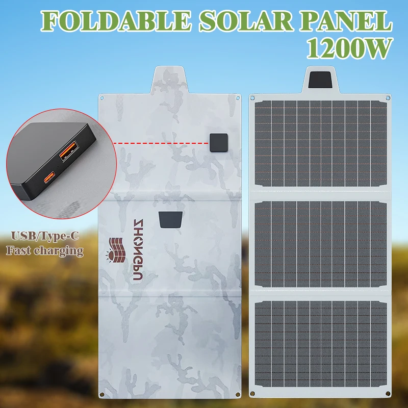 แผงโซลาร์เซลล์แบบพับได้ 1200W น้ําหนักเบาและพกพาได้สําหรับเอาต์พุต USB ไฟฉุกเฉินกลางแจ้งเข้ากันได้กับการตั้งแคมป์/ตกปลา/RV 1
