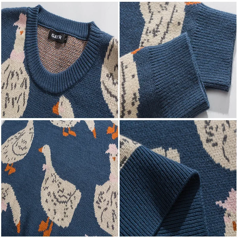 Autumn Winter Pullover Sweaters for Men Cartoon Goose Print Casual Loose Round Neck Knitwear Couple Oversized Knitted Sweater 5