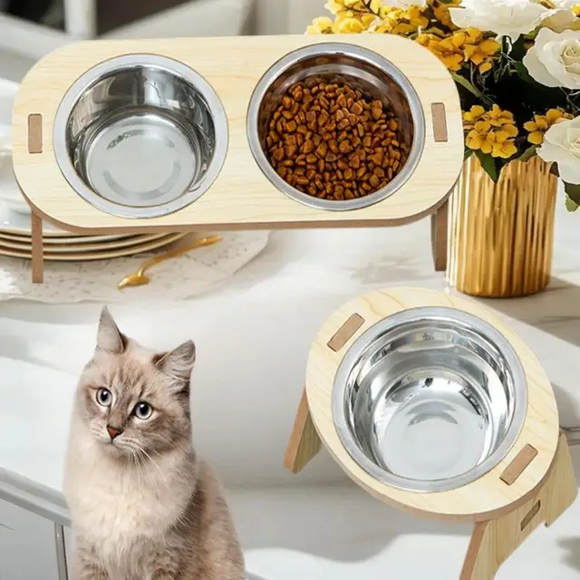 Cat And Dog Feeding Bowls Anti-tip Bowls Stainless Steel Pet Bowls With Wooden Supports Neck Protection Design 2 In 1 Water Bowl Cat And Dog Feeding Bowls Anti-tip Bowls Stainless Steel Pet Bowls With Wooden Supports Neck Protection Design 2 In 1 Water Bowl