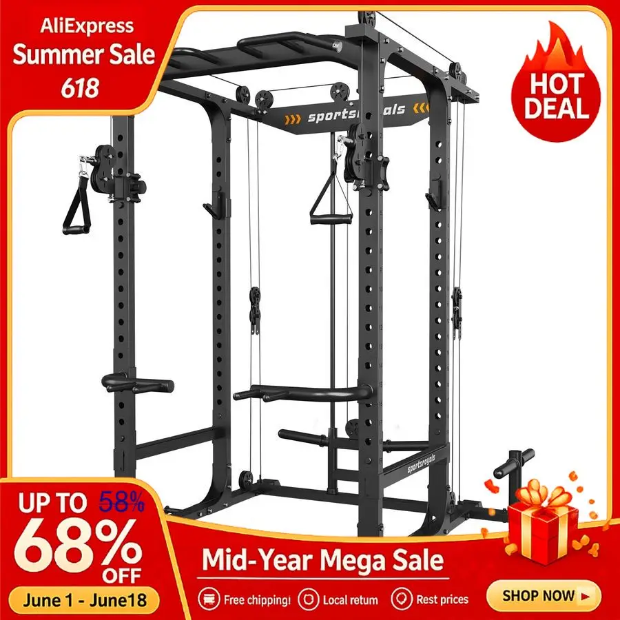 Power Cage 1600lbs Power Rack with Adjustable Cable Crossover,MultiFunction Squat Rack Pulley System and Training Attachm,Custom