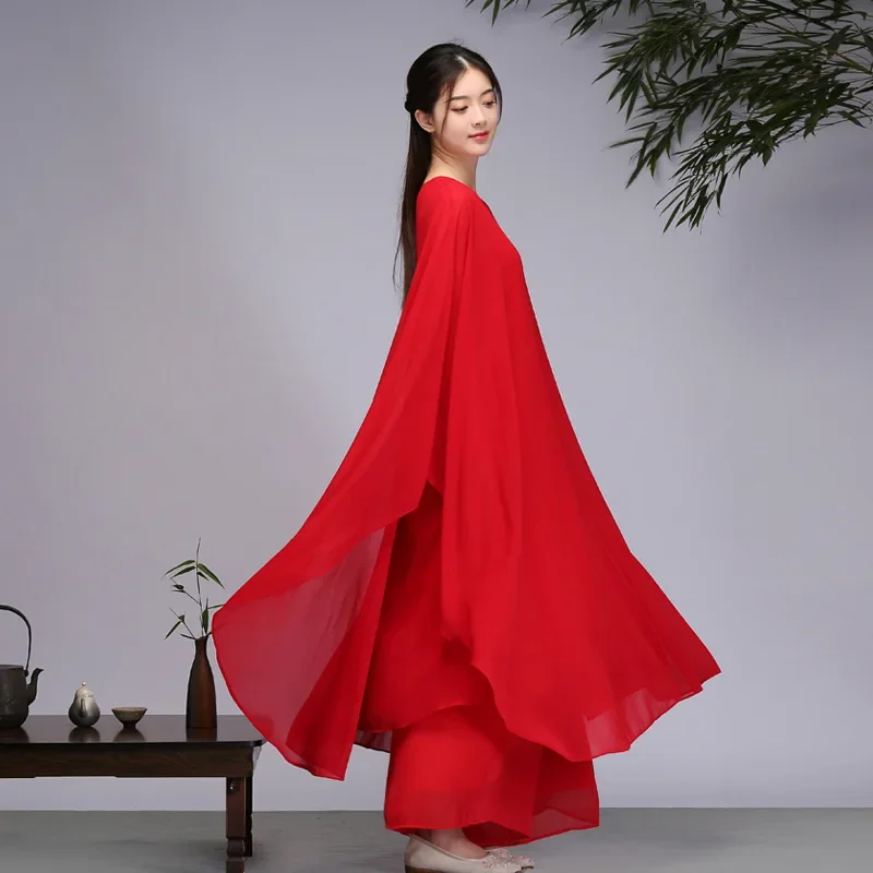 Three Layers Large Swinging Chiffon Tea Suit Zen Suit Wide Leg