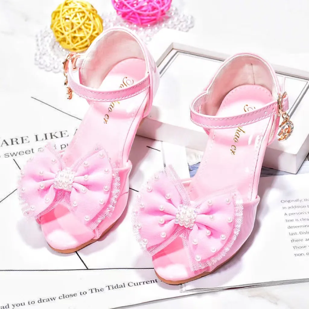 Sweet Lace Bowknot Children\'s Princess Shoes Girls Sandals Pearl Kids High Heels Pink White Student Performance Shoes Giày Utune