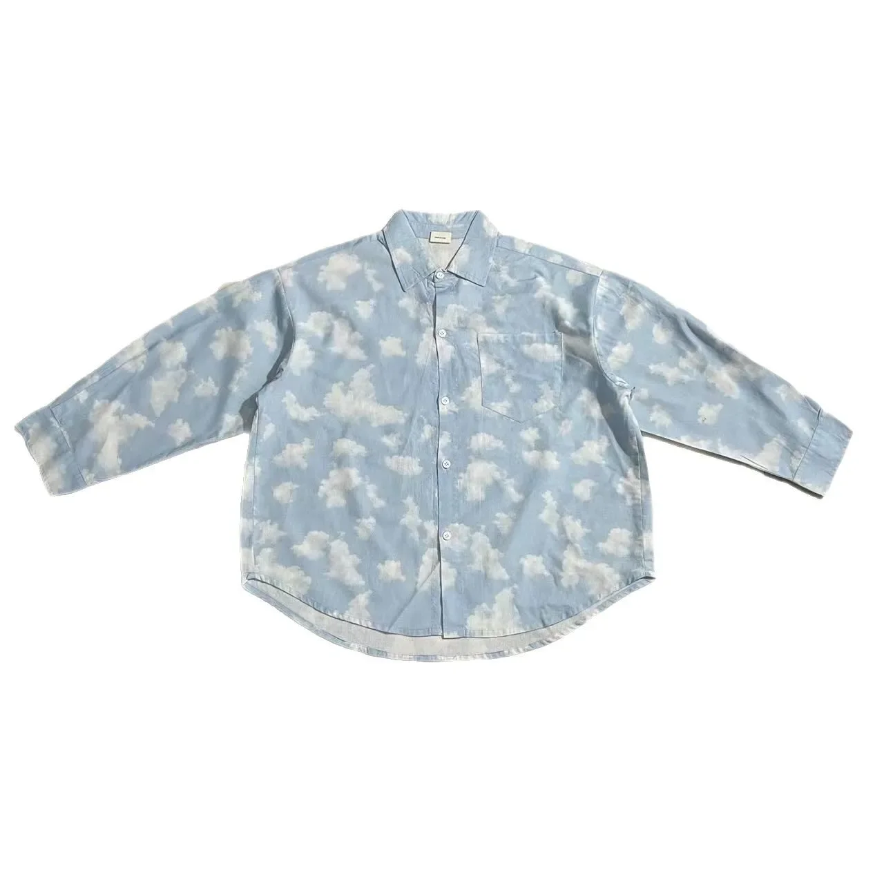 Spring 25 Loose Fit Children's Shirt Blue Fresh Washed Cotton Cloud Print Boys' Clothing Korean Style Kids' Top