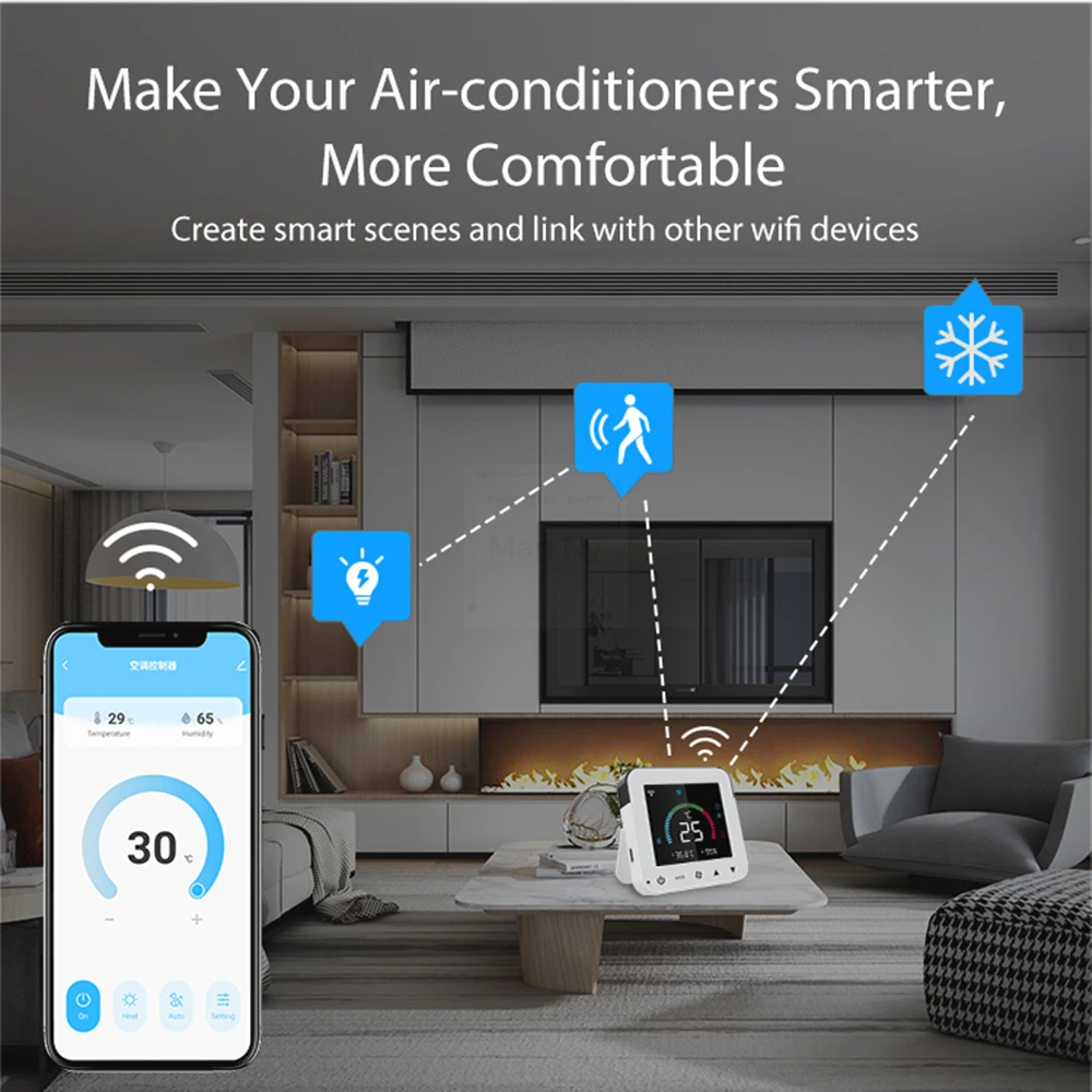 Tuya Smart Air Conditioner IR Remote Control Timer WiFi Temperature Humidity Sensor Monitor Thermostat LCD Touch Screen Alexa Smart Thermostat