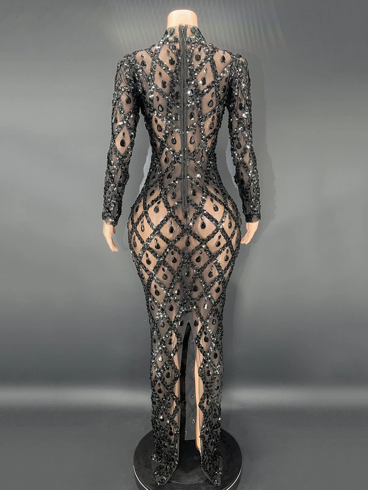 2024 New Sequins Crystals Long Dress Women Evening Prom Party Birthday Dress SexyTransparent Performance Costume Show Stage Wear