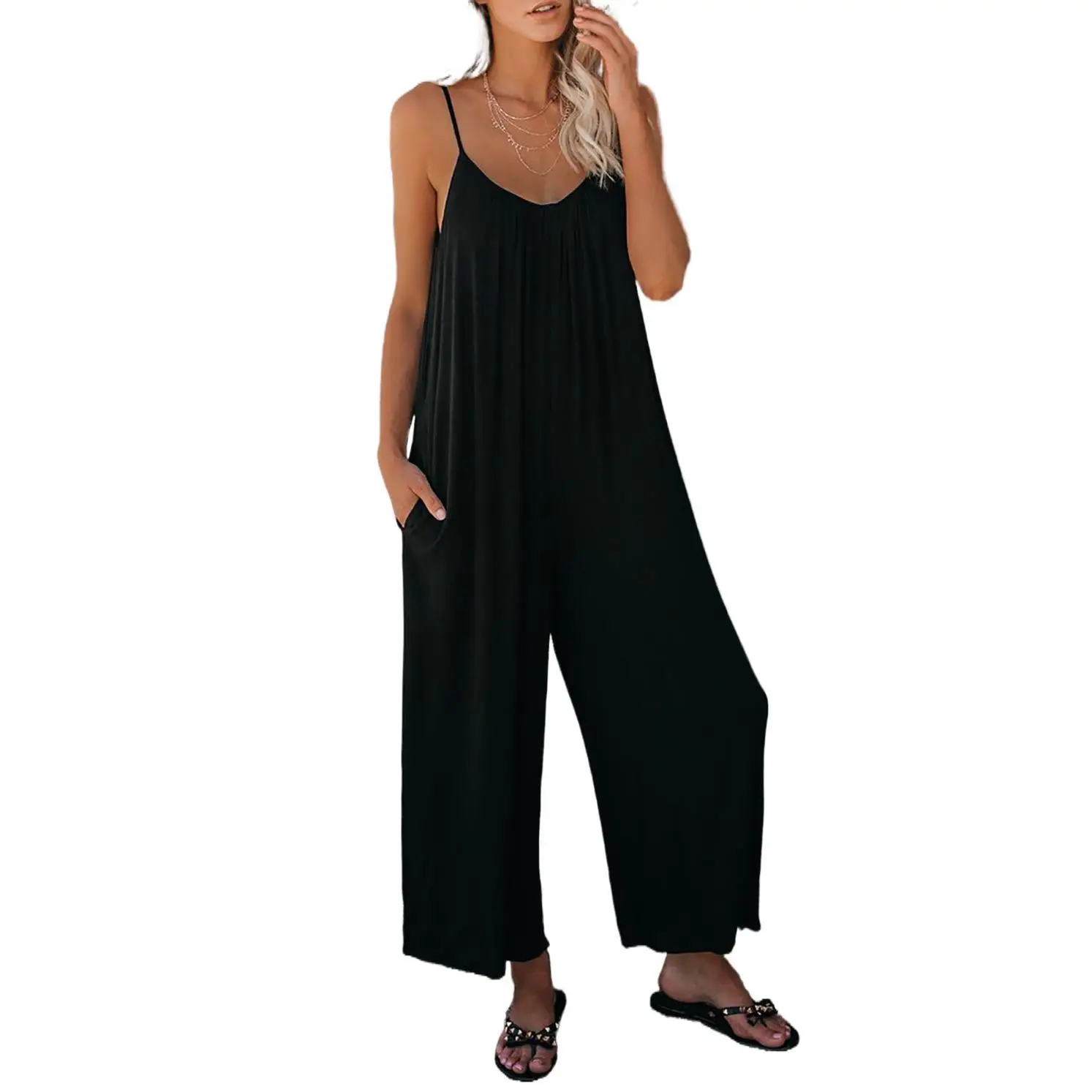 Womens Casual Sleeveless Strap Loose Adjustable Jumpsuits Stretchy Long Pants Romper with Pockets