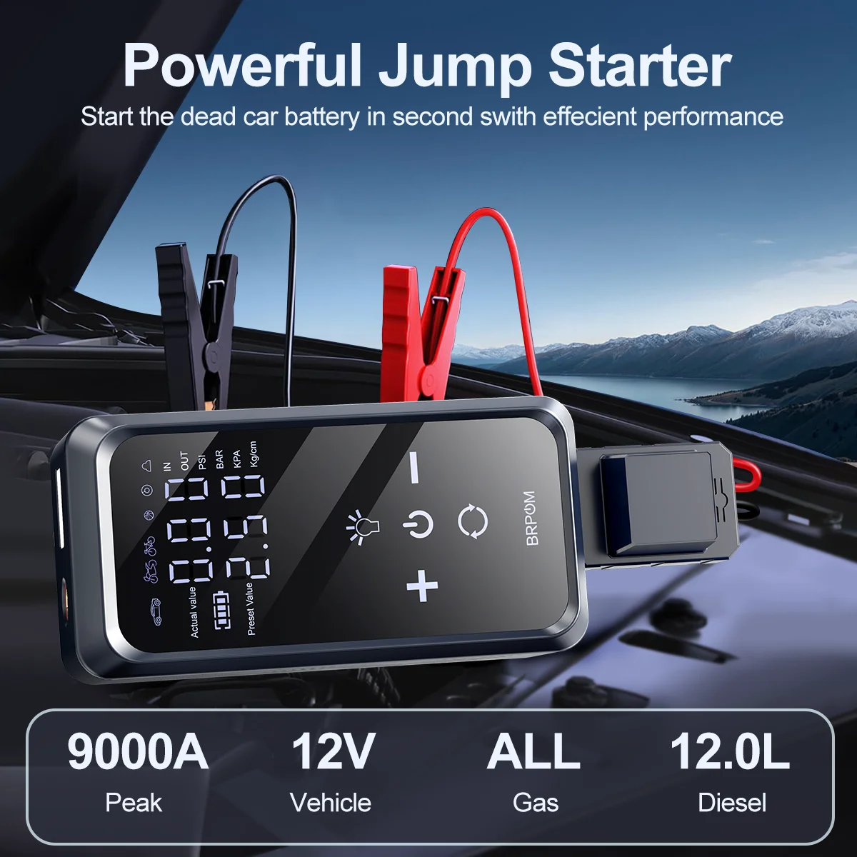 Démarreur de secours 9000A PEAK, compresseur d'air, batterie externe portable pour voiture 12V, dispositif de démarrage d'urgence, pompe à gonflage de pneus 1