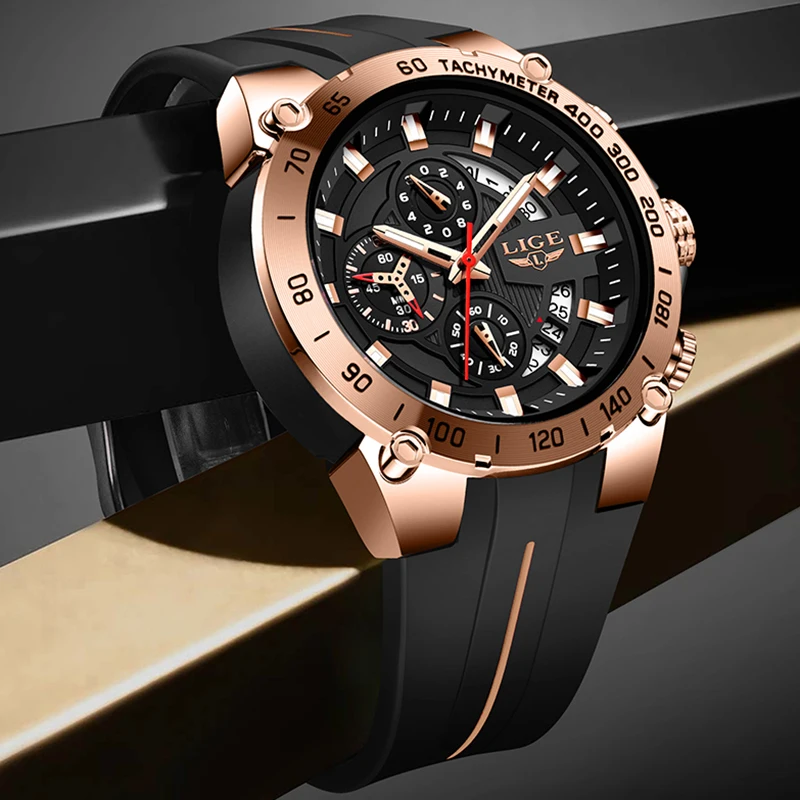 LIGE Mens Watches Top Brand Luxury Silicone Military Watch For Men Fashion Big Dial Waterproof Quartz Chronograph Reloj Hombre