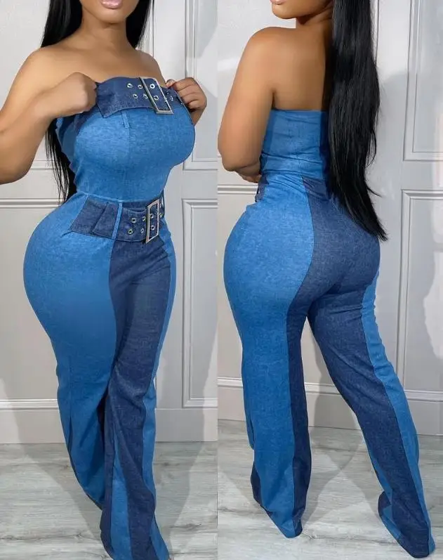 Women's Clothing Summer 2023 Sexy Commuting Jumpsuit Fashion Casual Denim Look Print Bandeau Buckled Eyelet Conjoined Body Pants