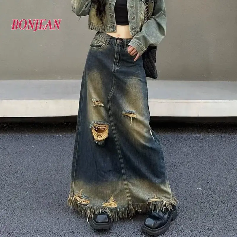

New Design and Old Distress High Waist Slim A-line Denim Skirt Women's Autumn Large Versatile Flesh Covering Long Dress