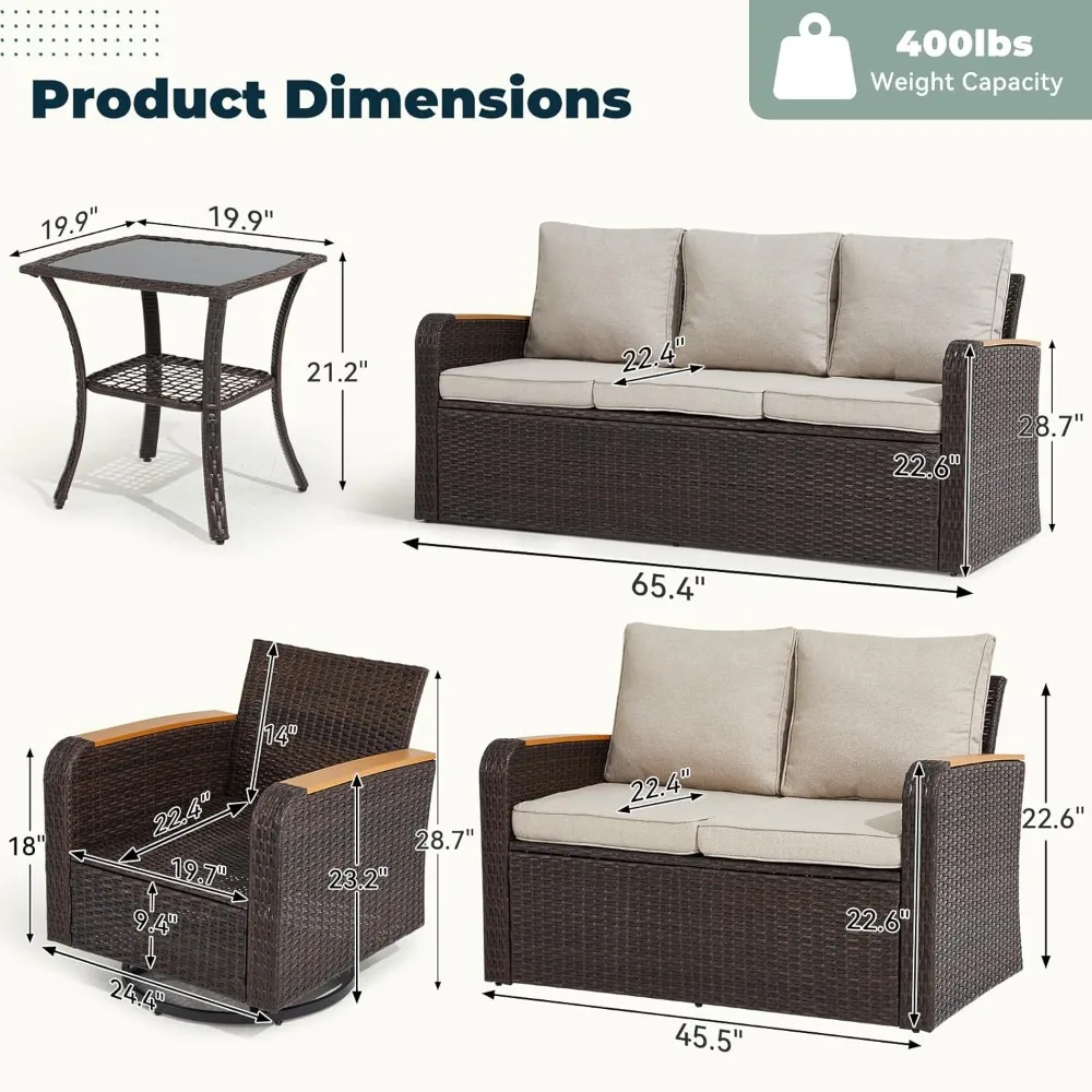 6 Pieces Patio Furniture Sets with Swivel Chairs, Outdoor Furniture Set for Porch Deck Bistro Lawn Garden Backyard Poolsid-Khaki 2