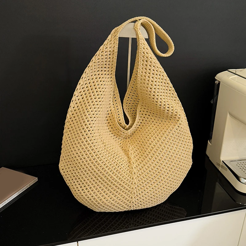 Women Hollow Summer Bag Solid Color Aesthetic Hobo Bag Large Capacity Knitted Tote Handbag Ladies Daily Handbag