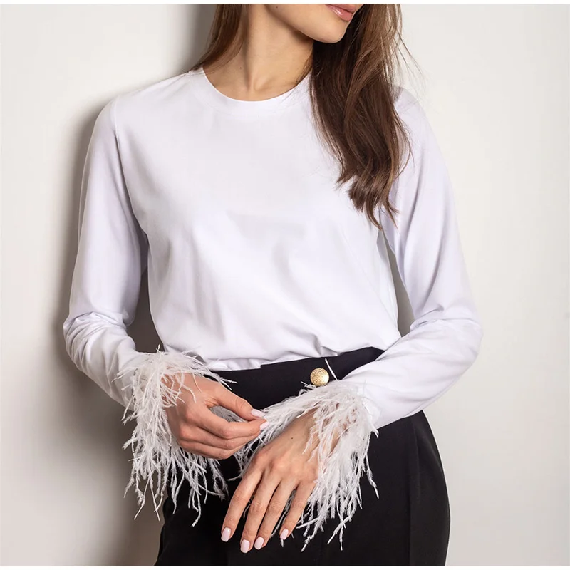 Elegant Women Feather T-shirt O-neck Long Sleeve Y2K Loose Spring Summer Ladies T-shirts 2022 Fashion Blue Top Tee Pullovers summer crop top