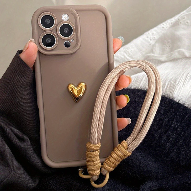 Chic Korean 3D Golden Love Heart Soft Case with Wrist Chain Strap Cover