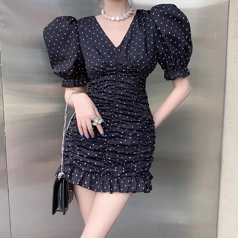 

Винтажное платье в горошек, с V-образным вырезом, высокой талией и оборками