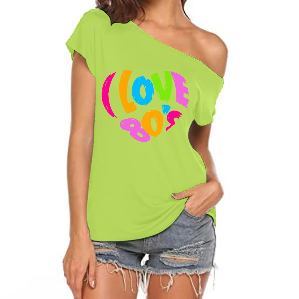 XUANSHOW 2024 Sommer Ich Liebe 80er Jahre Herz Emotionales Element T-shirt Sexy Off Schulter Tops Kurzarm Buchstaben Gedruckt T-shirt – Detail 13