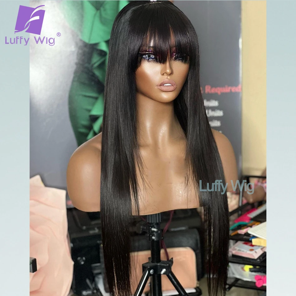 Straight Bang Wig Human Hair Brazilian Remy O Scalp Top Human Hair Wigs With Bangs 200 Density Glueless For Black Women Luffy