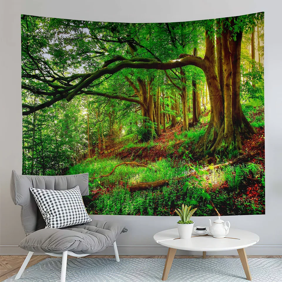 BOYOUTH, arazzo da parete, fantastico paesaggio della foresta verde con alberi teclining, stampa digitale, decorazione per la casa, per soggiorno,150