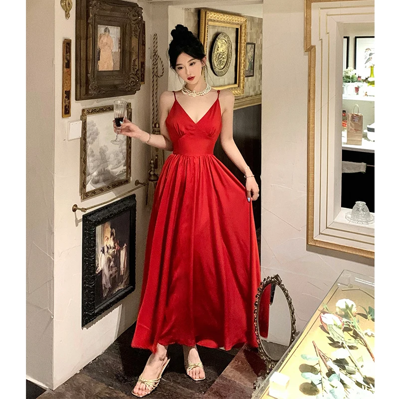 Sexy Spaghetti Strap Evening Party Dress V-neck A-line Solid Vintage Long Dresses for Women Wedding Prom Robe One Piece Vestidos