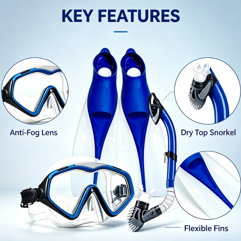 Adult Snorkeling Set Full Dry Snorkel Long Blade Fins Diving Mask Anti-Fog Waterproof Swimming Training Gear - Image 3