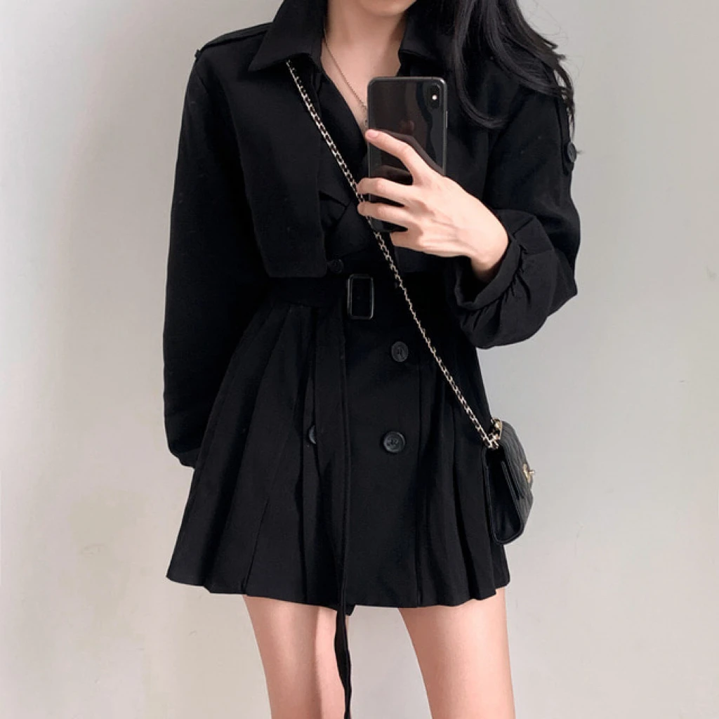 Gabardina elegante y plisada de estilo coreano para mujer, vestido con cinturón, cuello vuelto, doble botonadura, liso, para otoño
