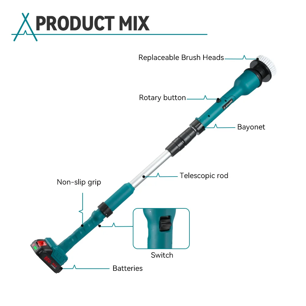 8 IN 1 Electric Cleaning Brush Cordless Electric Spin Scrubber Extension Handle Cleaning Tool For 21V 18V Battery electric cleaning brush