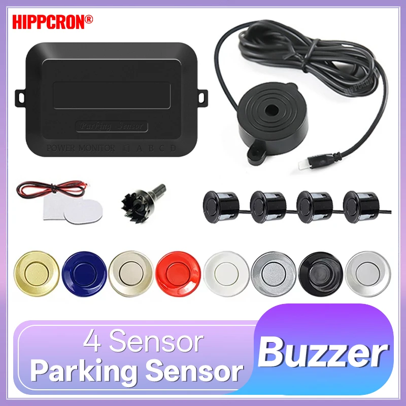Hippcron 4 센서 버저 22mm 자동차 주차 센서 키트 역방향 백업 레이더 사운드 경고 표시기 프로브 시스템 12V 블랙 화이트