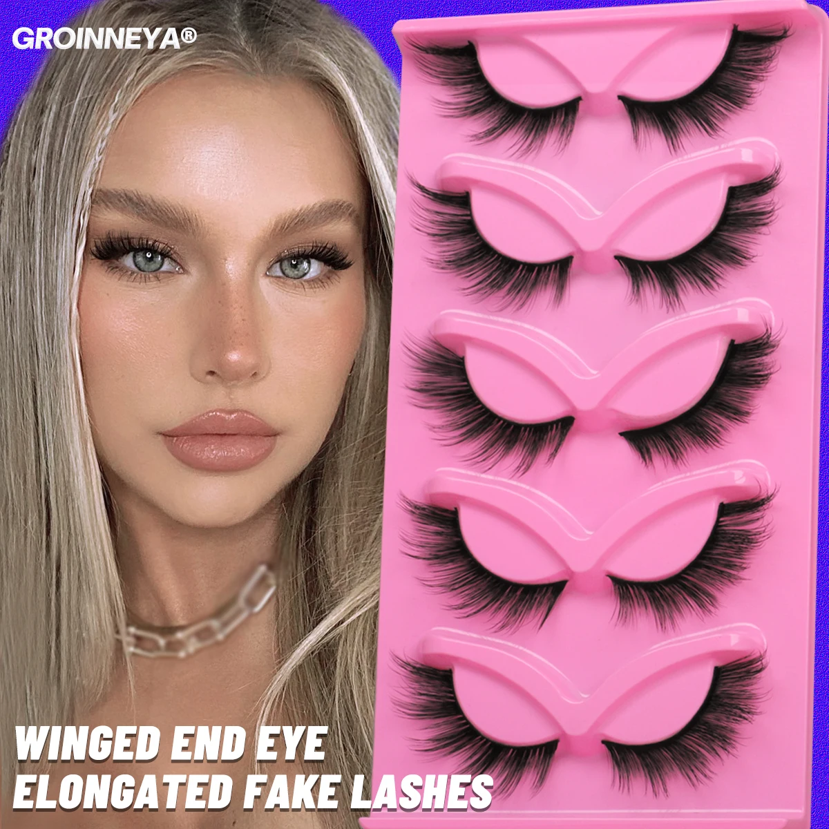 GROINNEYA 5 Pairs Cat Eye 3D Mink Lashes Short Fluffy Eyelashes Winged