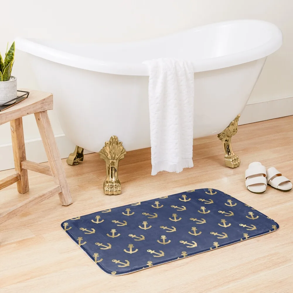 

Navy Blue & Gold Anchor Pattern Bath Mat Quick-Drying Bathroom DoorEntrance Door Carpets For Bathroom Toilet Floor Mat