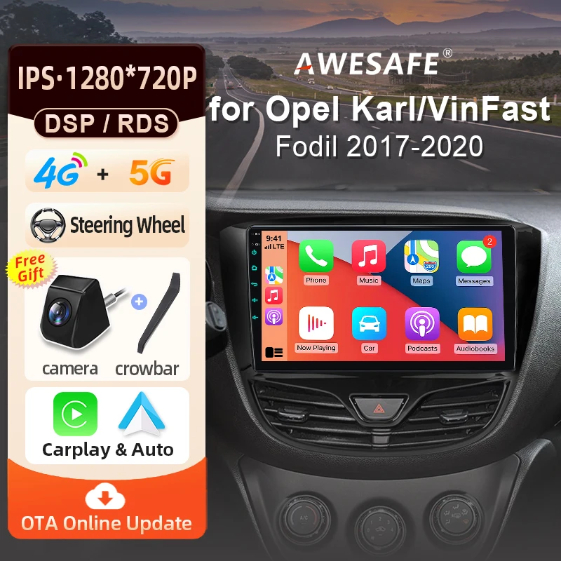 AWESAFE Radio Android de 9 pulgadas para Opel Karl 2017 2018-2020, CarPlay inalámbrico y Android Auto, navegación GPS, soporte multimedia, control del volante, amplificador de subwoofer, cámara trasera con CAN-BUS EU Plug and Play DAB+ Autoradio digital 2 DIN, radio para coche, estéreo RDS 1