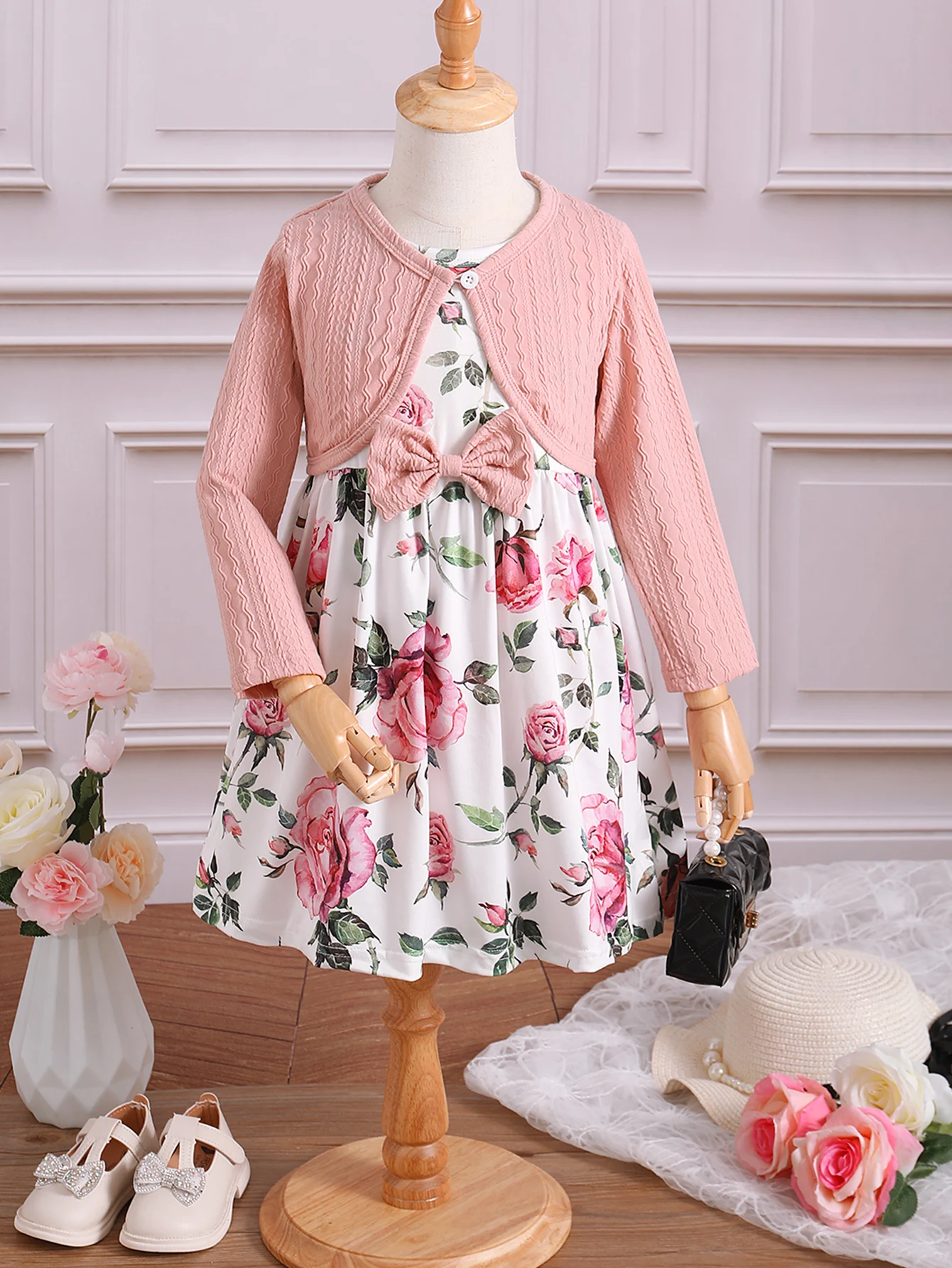 0-3 년 2PCS 생일 파티 의류 세트 핑크 긴 소매 코트 + 어린이 소녀 패션 웨딩 디너 스커트 의상 원피스